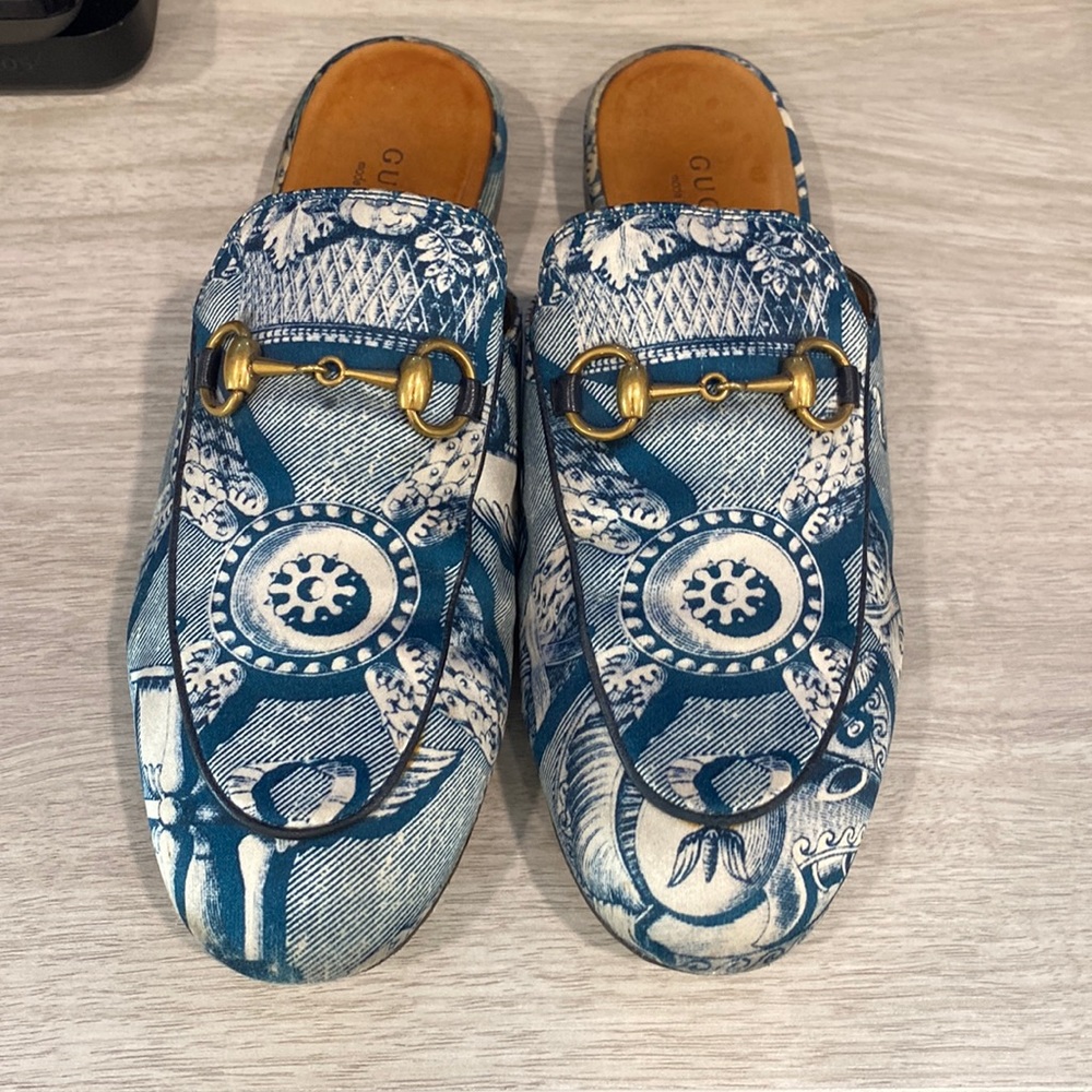 Gucci Blue Printed Satin Princetown Horsebit Flat Mules Size 35.5